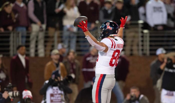 Ole Miss TE Caden Prieskorn (86) celebrates after a touchdown against Mississippi State during the second half of the Egg Bowl at Davis Wade Stadium in Starkville, Miss., Thursday, Nov. 23, 2023.